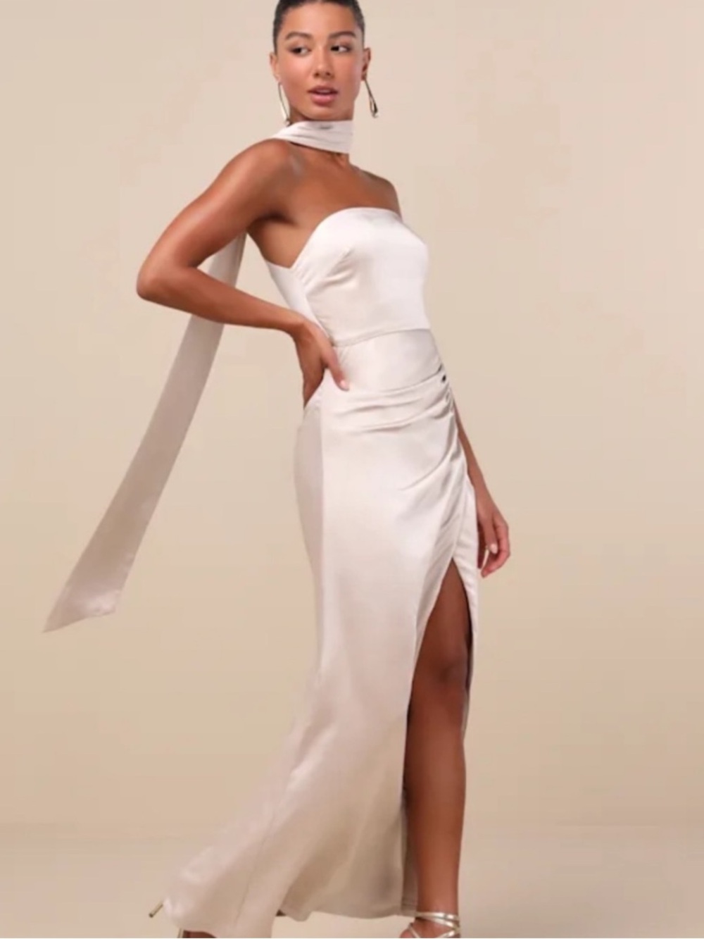 New Lulus Maritza Strapless Satin Sash Evening Gown in Ivory Sz XL